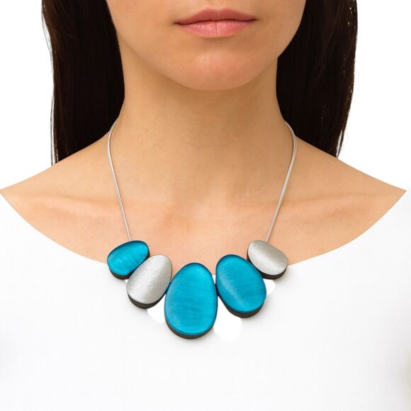 Culture Mix Necklace Wire & Teardrop Pendants Teal Silver Lobster Clasp 20 in - Picture 1 of 9